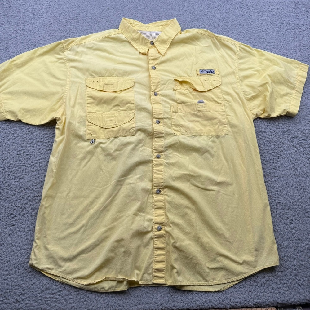 Columbia PFG Fishing Shirt Mens XL Yellow Solid Short Sleeve Vented Cotton